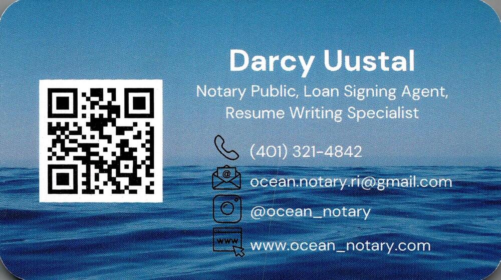 Ocean Notary
<strong>Darcy Uustal</strong> — Notary Public / Loan Signing Agent / Resume Writing Specialist<br />Ocean Notary<br />401-321-4842<br />[url=tel:+14013214842][img]https://izadex.net/themes/izadex/images/contact-phone.png?v=254g71&izphone=tel%3A%2B14013214842[/img][/url] [url=mailto:ocean.notary.ri@gmail.com][img]https://izadex.net/themes/izadex/images/contact-email.png?v=254g71&izemail=ocean.notary.ri%40gmail.com[/img][/url]
Keywords: Darcy Uustal Ocean Notary Notary Public / Loan Signing Agent / Resume Writing Specialist 401-321-4842 ocean.notary.ri@gmail.com https://www.ocean_notary.com