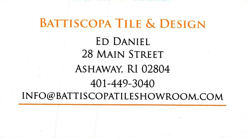Battiscopa Tile & Design
<strong>Ed Daniel</strong><br />Battiscopa Tile & Design<br />28 Main Street, Ashaway, RI, 02804<br />401-449-3040<br />[url=tel:+14014493040][img]https://izadex.net/themes/izadex/images/contact-phone.png?v=254g71&izphone=tel%3A%2B14014493040[/img][/url] [url=mailto:info@battiscopatilesshowroom.com][img]https://izadex.net/themes/izadex/images/contact-email.png?v=254g71&izemail=info%40battiscopatilesshowroom.com[/img][/url]
Keywords: Ed Daniel Battiscopa Tile & Design 401-449-3040 info@battiscopatilesshowroom.com 28 Main Street Ashaway RI 02804