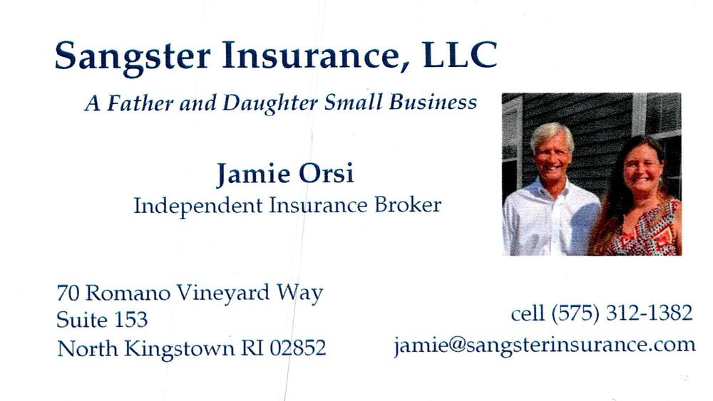 Sangster Insurance, LLC
<strong>Jamie Orsi</strong> — Independent Insurance Broker<br />Sangster Insurance, LLC<br />70 Romano Vineyard Way, Suite 153, North Kingstown, RI, 02852<br />575-312-1382<br />[url=tel:+15753121382][img]https://izadex.net/themes/izadex/images/contact-phone.png?v=254g71&izphone=tel%3A%2B15753121382[/img][/url] [url=mailto:jamie@sangsterinsurance.com][img]https://izadex.net/themes/izadex/images/contact-email.png?v=254g71&izemail=jamie%40sangsterinsurance.com[/img][/url]
Keywords: Jamie Orsi Sangster Insurance, LLC Independent Insurance Broker 575-312-1382 jamie@sangsterinsurance.com 70 Romano Vineyard Way, Suite 153 North Kingstown RI 02852