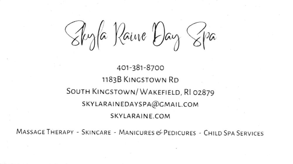 Skyla Raine Day Spa
Skyla Raine Day Spa<br />1183B Kingstown Rd, South Kingstown / Wakefield, RI, 02879<br />401-381-8700<br />[url=tel:+14013818700][img]https://izadex.net/themes/izadex/images/contact-phone.png?v=254g71&izphone=tel%3A%2B14013818700[/img][/url] [url=https://skylarraine.com][img]https://izadex.net/themes/izadex/images/contact-web.png?v=254g71[/img][/url] [url=mailto:skylrainedayspa@gmail.com][img]https://izadex.net/themes/izadex/images/contact-email.png?v=254g71&izemail=skylrainedayspa%40gmail.com[/img][/url]
Keywords: Skyla Raine Day Spa 401-381-8700 skylrainedayspa@gmail.com https://skylarraine.com 1183B Kingstown Rd South Kingstown / Wakefield RI 02879