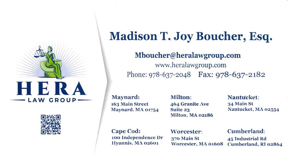 Hera Law Group
<strong>Madison T. Joy Boucher, Esq.</strong> — Attorney<br />Hera Law Group<br />45 Industrial Rd, Cumberland, RI, 02864<br />978-637-2048<br />[url=tel:+19786372048][img]https://izadex.net/themes/izadex/images/contact-phone.png?v=254g71&izphone=tel%3A%2B19786372048[/img][/url] [url=https://www.heralawgroup.com][img]https://izadex.net/themes/izadex/images/contact-web.png?v=254g71[/img][/url] [url=mailto:Mboucher@heralawgroup.com][img]https://izadex.net/themes/izadex/images/contact-email.png?v=254g71&izemail=Mboucher%40heralawgroup.com[/img][/url]
Keywords: Madison T. Joy Boucher, Esq. Hera Law Group Attorney 978-637-2048 Mboucher@heralawgroup.com https://www.heralawgroup.com 45 Industrial Rd Cumberland RI 02864
