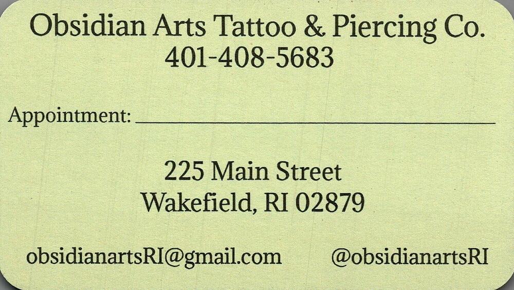 Obsidian Arts Tattoo & Piercing Co.
Obsidian Arts Tattoo & Piercing Co.<br />225 Main Street, Wakefield, RI, 02879<br />401-408-5683<br />[url=tel:+14014085683][img]https://izadex.net/themes/izadex/images/contact-phone.png?v=254g71&izphone=tel%3A%2B14014085683[/img][/url] [url=mailto:obsidianartsRI@gmail.com][img]https://izadex.net/themes/izadex/images/contact-email.png?v=254g71&izemail=obsidianartsRI%40gmail.com[/img][/url]
Keywords: Obsidian Arts Tattoo & Piercing Co. 401-408-5683 obsidianartsRI@gmail.com 225 Main Street Wakefield RI 02879