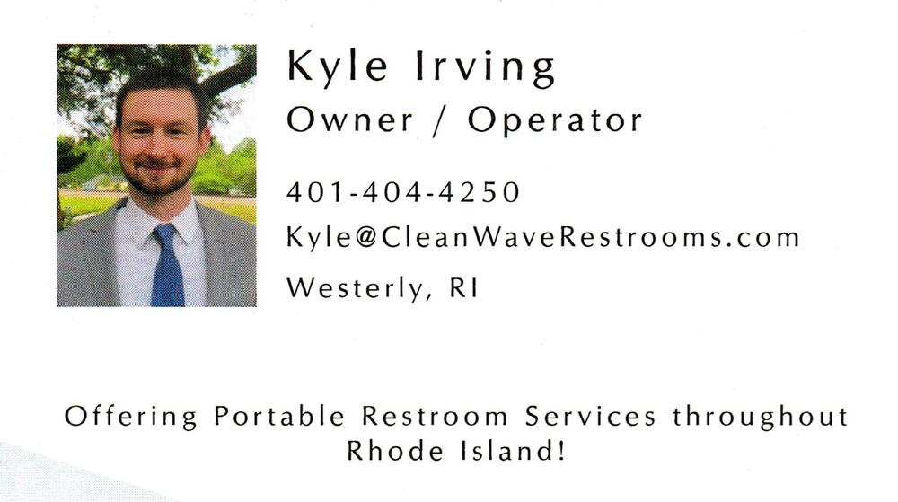 CleanWave Restrooms
<strong>Kyle Irving</strong> — Owner / Operator<br />CleanWave Restrooms<br />Westerly, RI<br />401-404-4250<br />[url=tel:+14014044250][img]https://izadex.net/themes/izadex/images/contact-phone.png?v=254g71&izphone=tel%3A%2B14014044250[/img][/url] [url=mailto:Kyle@CleanWaveRestrooms.com][img]https://izadex.net/themes/izadex/images/contact-email.png?v=254g71&izemail=Kyle%40CleanWaveRestrooms.com[/img][/url]
Keywords: Kyle Irving CleanWave Restrooms Owner / Operator 401-404-4250 Kyle@CleanWaveRestrooms.com Westerly RI