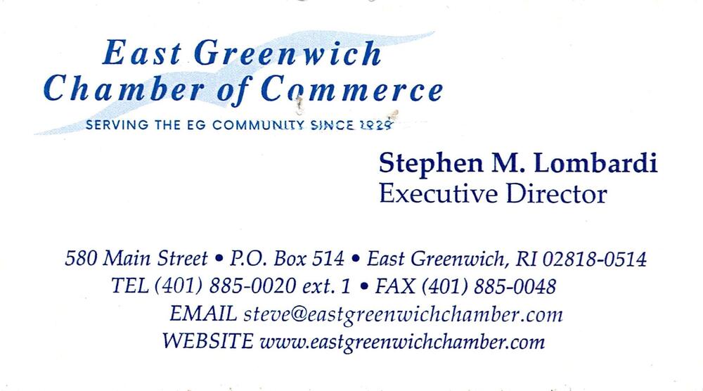 East Greenwich Chamber of Commerce
<strong>Stephen M. Lombardi</strong> — Executive Director<br />East Greenwich Chamber of Commerce<br />580 Main Street; P.O. Box 514, East Greenwich, RI, 02818-0514<br />401-885-0020 ext. 1<br />[url=tel:+14018850020;ext=1][img]https://izadex.net/themes/izadex/images/contact-phone.png?v=254g71&izphone=tel%3A%2B14018850020%3Bext%3D1[/img][/url] [url=https://www.eastgreenwichchamber.com][img]https://izadex.net/themes/izadex/images/contact-web.png?v=254g71[/img][/url] [url=mailto:steve@eastgreenwichchamber.com][img]https://izadex.net/themes/izadex/images/contact-email.png?v=254g71&izemail=steve%40eastgreenwichchamber.com[/img][/url]
Keywords: Stephen M. Lombardi East Greenwich Chamber of Commerce Executive Director 401-885-0020 ext. 1 steve@eastgreenwichchamber.com https://www.eastgreenwichchamber.com 580 Main Street; P.O. Box 514 East Greenwich RI 02818-0514 chamber of commerce; business netw