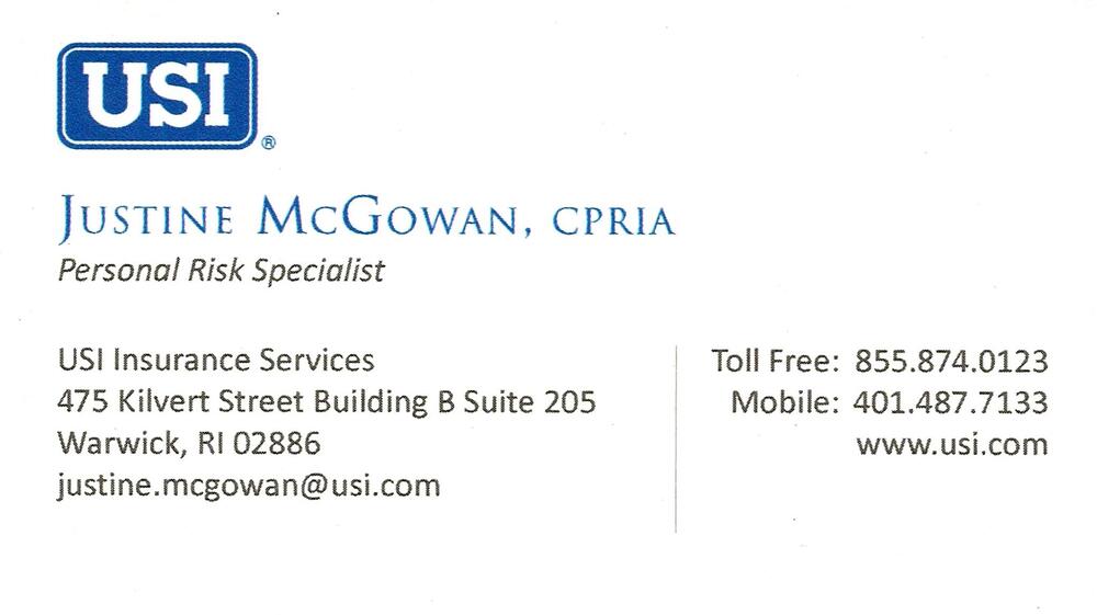 USI Insurance Services
<strong>Justine McGowan, CPRIA</strong> — Personal Risk Specialist<br />USI Insurance Services<br />475 Kilvert Street, Building B, Suite 205, Warwick, RI, 02886<br />855-874-0123 toll free; 401-487-7133 mobile<br />[url=tel:85587401234014877133][img]https://izadex.net/themes/izadex/images/contact-phone.png?v=254g71&izphone=tel%3A85587401234014877133[/img][/url] [url=https://www.usi.com][img]https://izadex.net/themes/izadex/images/contact-web.png?v=254g71[/img][/url] [url=mailto:justine.mcgowan@usi.com][img]https://izadex.net/themes/izadex/images/contact-email.png?v=254g71&izemail=justine.mcgowan%40usi.com[/img][/url]
Keywords: Justine McGowan, CPRIA USI Insurance Services Personal Risk Specialist 855-874-0123 toll free; 401-487-7133 mobile justine.mcgowan@usi.com https://www.usi.com 475 Kilvert Street, Building B, Suite 205 Warwick RI 02886 insurance; personal risk; risk manage