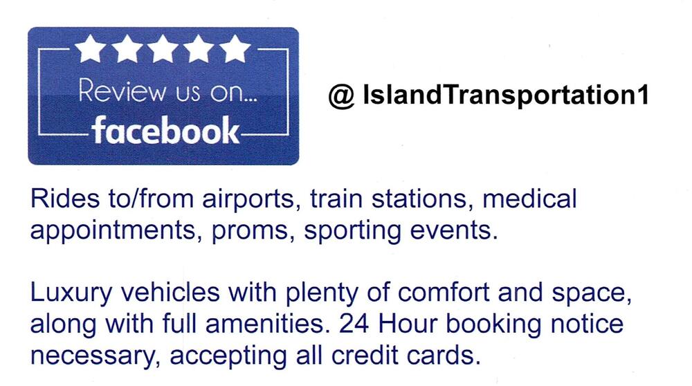 Island Transportation
Island Transportation<br />[url=https://www.facebook.com/IslandTransportation1][img]https://izadex.net/themes/izadex/images/contact-facebook.png?v=254g71[/img][/url]
Keywords: Island Transportation airport rides; train station rides; medical appointments; proms; sporting events; luxury transportation; private rides