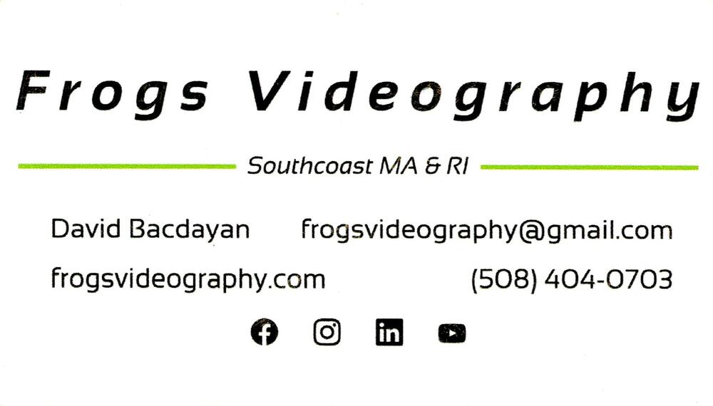 Frogs Videography
<strong>David Bacdayan</strong><br />Frogs Videography<br />508-404-0703<br />[url=tel:+15084040703][img]https://izadex.net/themes/izadex/images/contact-phone.png?v=254g71&izphone=tel%3A%2B15084040703[/img][/url] [url=https://frogsvideography.com][img]https://izadex.net/themes/izadex/images/contact-web.png?v=254g71[/img][/url] [url=mailto:frogsvideography@gmail.com][img]https://izadex.net/themes/izadex/images/contact-email.png?v=254g71&izemail=frogsvideography%40gmail.com[/img][/url]
Keywords: David Bacdayan Frogs Videography 508-404-0703 frogsvideography@gmail.com https://frogsvideography.com videography; video production; Southcoast Massachusetts; Rhode Island