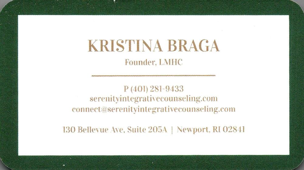Serenity Integrative Counseling
<strong>Kristina Braga</strong> — Founder / LMHC<br />Serenity Integrative Counseling<br />130 Bellevue Ave, Suite 205A, Newport, RI, 02841<br />401-281-9433<br />[url=tel:+14012819433][img]https://izadex.net/themes/izadex/images/contact-phone.png?v=254g71&izphone=tel%3A%2B14012819433[/img][/url] [url=https://serenityintegrativecounseling.com][img]https://izadex.net/themes/izadex/images/contact-web.png?v=254g71[/img][/url] [url=mailto:connect@serenityintegrativecounseling.com][img]https://izadex.net/themes/izadex/images/contact-email.png?v=254g71&izemail=connect%40serenityintegrativecounseling.com[/img][/url]
Keywords: Kristina Braga Serenity Integrative Counseling Founder / LMHC 401-281-9433 connect@serenityintegrativecounseling.com https://serenityintegrativecounseling.com 130 Bellevue Ave, Suite 205A Newport RI 02841 mental health; counseling; psychotherapy; integrat