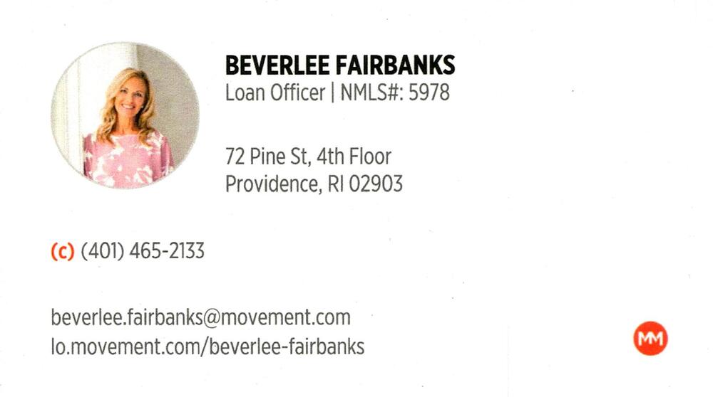 Movement Mortgage
<strong>Beverlee Fairbanks</strong> — Loan Officer<br />Movement Mortgage<br />72 Pine St, 4th Floor, Providence, RI, 02903<br />401-465-2133 cell<br />[url=tel:+14014652133][img]https://izadex.net/themes/izadex/images/contact-phone.png?v=254g71&izphone=tel%3A%2B14014652133[/img][/url] [url=https://lo.movement.com/beverlee-fairbanks][img]https://izadex.net/themes/izadex/images/contact-web.png?v=254g71[/img][/url] [url=mailto:beverlee.fairbanks@movement.com][img]https://izadex.net/themes/izadex/images/contact-email.png?v=254g71&izemail=beverlee.fairbanks%40movement.com[/img][/url]
Keywords: Beverlee Fairbanks Movement Mortgage Loan Officer 401-465-2133 cell beverlee.fairbanks@movement.com https://lo.movement.com/beverlee-fairbanks 72 Pine St, 4th Floor Providence RI 02903 mortgage; home loans; loan officer