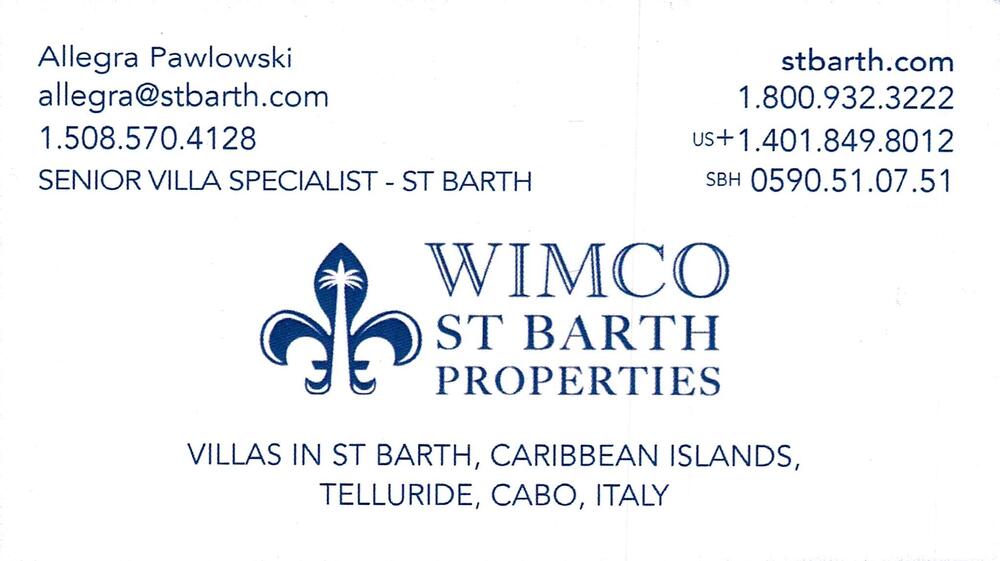 WIMCO St Barth Properties
<strong>Allegra Pawlowski</strong> — Senior Villa Specialist – St Barth<br />WIMCO St Barth Properties<br />508-570-4128 direct; 800-932-3222 toll free; 401-849-8012 US office; 0590.51.07.51 SBH office<br />[url=tel:5085704128800932322240184980120590510751][img]https://izadex.net/themes/izadex/images/contact-phone.png?v=254g71&izphone=tel%3A5085704128800932322240184980120590510751[/img][/url] [url=https://stbarth.com][img]https://izadex.net/themes/izadex/images/contact-web.png?v=254g71[/img][/url] [url=mailto:allegra@stbarth.com][img]https://izadex.net/themes/izadex/images/contact-email.png?v=254g71&izemail=allegra%40stbarth.com[/img][/url]
Keywords: Allegra Pawlowski WIMCO St Barth Properties Senior Villa Specialist – St Barth 508-570-4128 direct; 800-932-3222 toll free; 401-849-8012 US office; 0590.51.07.51 SBH office allegra@stbarth.com https://stbarth.com villa rentals; St Barth; Caribbean islands