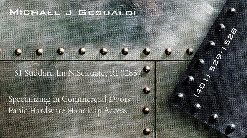 Michael J. Gesualdi
<strong>Michael J. Gesualdi</strong><br />Michael J. Gesualdi<br />61 Suddard Ln, North Scituate, RI, 02857<br />401-529-1528<br />[url=tel:+14015291528][img]https://izadex.net/themes/izadex/images/contact-phone.png?v=254g71&izphone=tel%3A%2B14015291528[/img][/url]
Keywords: Michael J. Gesualdi Michael J. Gesualdi 401-529-1528 61 Suddard Ln North Scituate RI 02857 commercial doors; panic hardware; handicap access; accessibility