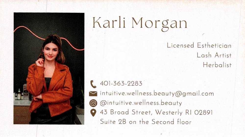 Intuitive Wellness Beauty
<strong>Karli Morgan</strong> — Licensed Esthetician / Lash Artist / Herbalist<br />Intuitive Wellness Beauty<br />43 Broad Street, Suite 2B, Westerly, RI, 02891<br />401-363-2283<br />[url=tel:+14013632283][img]https://izadex.net/themes/izadex/images/contact-phone.png?v=254g71&izphone=tel%3A%2B14013632283[/img][/url] [url=mailto:intuitive.wellness.beauty@gmail.com][img]https://izadex.net/themes/izadex/images/contact-email.png?v=254g71&izemail=intuitive.wellness.beauty%40gmail.com[/img][/url] [url=https://www.instagram.com/intuitive.wellness.beauty][img]https://izadex.net/themes/izadex/images/contact-instagram.png?v=254g71[/img][/url]
Keywords: Karli Morgan Intuitive Wellness Beauty Licensed Esthetician / Lash Artist / Herbalist 401-363-2283 intuitive.wellness.beauty@gmail.com 43 Broad Street, Suite 2B Westerly RI 02891 esthetician; lash artist; herbalist; skincare; beauty