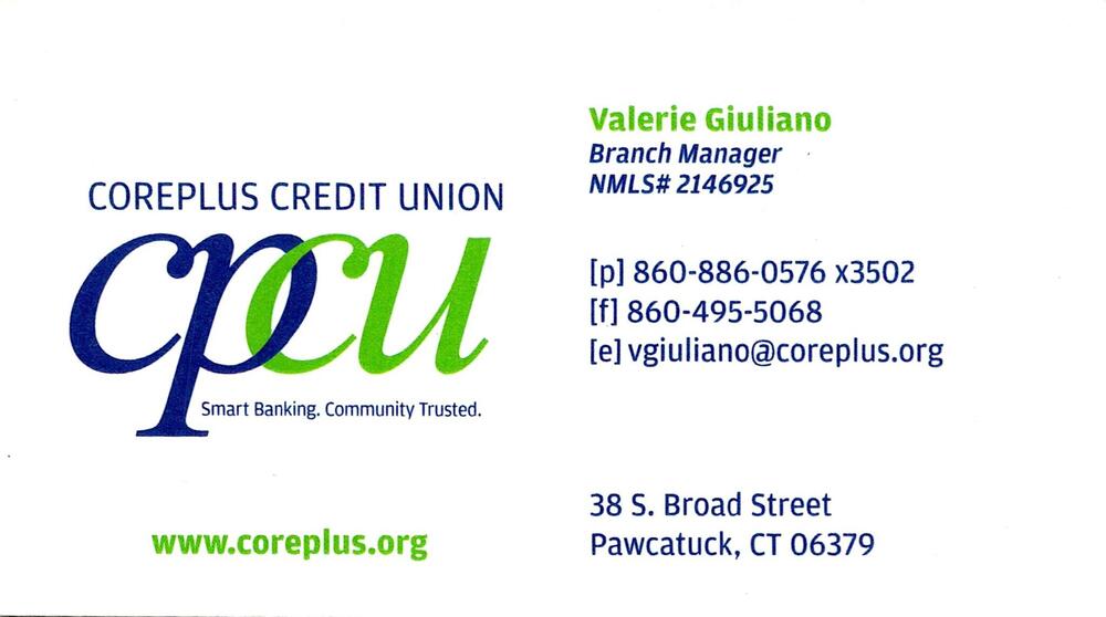 CorePlus Credit Union
<strong>Valerie Giuliano</strong> — Branch Manager<br />CorePlus Credit Union<br />38 S. Broad Street, Pawcatuck, CT, 06379<br />860-886-0576 x3502<br />[url=tel:+18608860576;ext=3502][img]https://izadex.net/themes/izadex/images/contact-phone.png?v=254g71&izphone=tel%3A%2B18608860576%3Bext%3D3502[/img][/url] [url=https://www.coreplus.org][img]https://izadex.net/themes/izadex/images/contact-web.png?v=254g71[/img][/url] [url=mailto:vgiuliano@coreplus.org][img]https://izadex.net/themes/izadex/images/contact-email.png?v=254g71&izemail=vgiuliano%40coreplus.org[/img][/url]
Keywords: Valerie Giuliano CorePlus Credit Union Branch Manager 860-886-0576 x3502 vgiuliano@coreplus.org https://www.coreplus.org 38 S. Broad Street Pawcatuck CT 06379