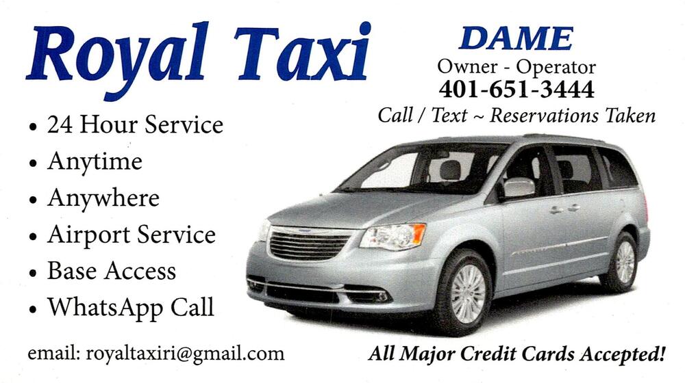 Royal Taxi
<strong>Dame</strong> — Owner - Operator<br />Royal Taxi<br />RI<br />401-651-3444<br />[url=tel:+14016513444][img]https://izadex.net/themes/izadex/images/contact-phone.png?v=254g71&izphone=tel%3A%2B14016513444[/img][/url] [url=mailto:royaltaxiri@gmail.com][img]https://izadex.net/themes/izadex/images/contact-email.png?v=254g71&izemail=royaltaxiri%40gmail.com[/img][/url]
Keywords: Dame Royal Taxi Owner - Operator 401-651-3444 royaltaxiri@gmail.com RI
