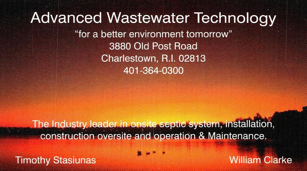 Advanced Wastewater Technology
<strong>Timothy Stasiunas / William Clarke</strong><br />Advanced Wastewater Technology<br />3880 Old Post Road, Charlestown, RI, 02813<br />401-364-0300<br />[url=tel:+14013640300][img]https://izadex.net/themes/izadex/images/contact-phone.png?v=254g71&izphone=tel%3A%2B14013640300[/img][/url]
Keywords: Timothy Stasiunas / William Clarke Advanced Wastewater Technology 401-364-0300 3880 Old Post Road Charlestown RI 02813