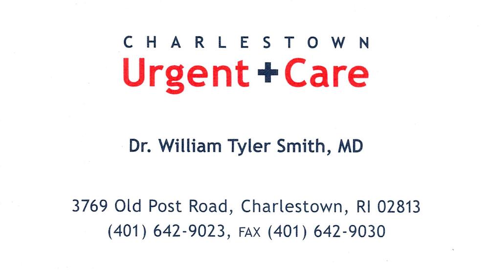 Charlestown Urgent Care
<strong>Dr. William Tyler Smith, MD</strong> — Physician<br />Charlestown Urgent Care<br />3769 Old Post Road, Charlestown, RI, 02813<br />401-642-9023<br />[url=tel:+14016429023][img]https://izadex.net/themes/izadex/images/contact-phone.png?v=254g71&izphone=tel%3A%2B14016429023[/img][/url]
Keywords: Dr. William Tyler Smith, MD Charlestown Urgent Care Physician 401-642-9023 3769 Old Post Road Charlestown RI 02813 urgent care; physician; medical care