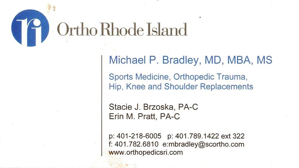 Ortho Rhode Island
<strong>Michael P. Bradley, MD, MBA, MS</strong> — Physician<br />Ortho Rhode Island<br />401-218-6005 / 401-789-1422 ext 322<br />[url=tel:40121860054017891422;ext=322][img]https://izadex.net/themes/izadex/images/contact-phone.png?v=254g71&izphone=tel%3A40121860054017891422%3Bext%3D322[/img][/url] [url=https://www.orthopedicsri.com][img]https://izadex.net/themes/izadex/images/contact-web.png?v=254g71[/img][/url] [url=mailto:mbradley@scortho.com][img]https://izadex.net/themes/izadex/images/contact-email.png?v=254g71&izemail=mbradley%40scortho.com[/img][/url]
Keywords: Michael P. Bradley, MD, MBA, MS Ortho Rhode Island Physician 401-218-6005 / 401-789-1422 ext 322 mbradley@scortho.com https://www.orthopedicsri.com sports medicine; orthopedic trauma; hip replacements; knee replacements; shoulder replacements