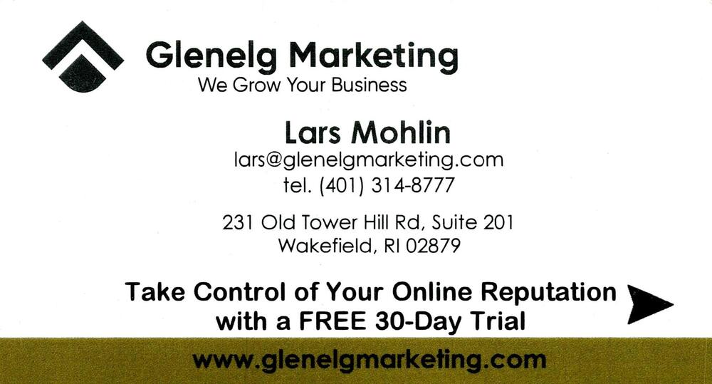 Glenelg Marketing
<strong>Lars Mohlin</strong><br />Glenelg Marketing<br />231 Old Tower Hill Rd, Suite 201, Wakefield, RI, 02879<br />401-314-8777<br />[url=tel:+14013148777][img]https://izadex.net/themes/izadex/images/contact-phone.png?v=254g71&izphone=tel%3A%2B14013148777[/img][/url] [url=https://www.glenelgmarketing.com][img]https://izadex.net/themes/izadex/images/contact-web.png?v=254g71[/img][/url] [url=mailto:lars@glenelgmarketing.com][img]https://izadex.net/themes/izadex/images/contact-email.png?v=254g71&izemail=lars%40glenelgmarketing.com[/img][/url]
Keywords: Lars Mohlin Glenelg Marketing 401-314-8777 lars@glenelgmarketing.com https://www.glenelgmarketing.com 231 Old Tower Hill Rd, Suite 201 Wakefield RI 02879