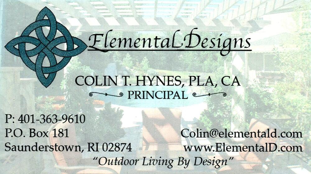 Elemental Designs
<strong>Colin T. Hynes, PLA, CA</strong> — Principal<br />Elemental Designs<br />PO Box 181, Saunderstown, RI, 02874<br />401-363-9610<br />[url=tel:+14013639610][img]https://izadex.net/themes/izadex/images/contact-phone.png?v=254g71&izphone=tel%3A%2B14013639610[/img][/url] [url=https://www.ElementalD.com][img]https://izadex.net/themes/izadex/images/contact-web.png?v=254g71[/img][/url] [url=mailto:Colin@elementald.com][img]https://izadex.net/themes/izadex/images/contact-email.png?v=254g71&izemail=Colin%40elementald.com[/img][/url]
Keywords: Colin T. Hynes, PLA, CA Elemental Designs Principal 401-363-9610 Colin@elementald.com https://www.ElementalD.com PO Box 181 Saunderstown RI 02874