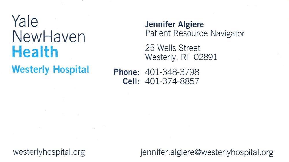Westerly Hospital / Yale New Haven Health
<strong>Jennifer Algiere</strong> — Patient Resource Navigator<br />Westerly Hospital / Yale New Haven Health<br />25 Wells Street, Westerly, RI, 02891<br />401-348-3798 / 401-374-8857<br />[url=tel:40134837984013748857][img]https://izadex.net/themes/izadex/images/contact-phone.png?v=254g71&izphone=tel%3A40134837984013748857[/img][/url] [url=https://westerlyhospital.org][img]https://izadex.net/themes/izadex/images/contact-web.png?v=254g71[/img][/url] [url=mailto:jennifer.algiere@westerlyhospital.org][img]https://izadex.net/themes/izadex/images/contact-email.png?v=254g71&izemail=jennifer.algiere%40westerlyhospital.org[/img][/url]
Keywords: Jennifer Algiere Westerly Hospital / Yale New Haven Health Patient Resource Navigator 401-348-3798 / 401-374-8857 jennifer.algiere@westerlyhospital.org https://westerlyhospital.org 25 Wells Street Westerly RI 02891