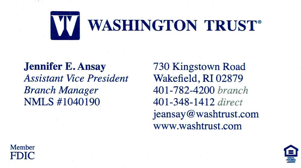 Washington Trust
<strong>Jennifer E. Ansay</strong> — Assistant Vice President / Branch Manager<br />Washington Trust<br />730 Kingstown Road, Wakefield, RI, 02879<br />401-782-4200 / 401-348-1412<br />[url=tel:40178242004013481412][img]https://izadex.net/themes/izadex/images/contact-phone.png?v=254g71&izphone=tel%3A40178242004013481412[/img][/url] [url=https://www.washtrust.com][img]https://izadex.net/themes/izadex/images/contact-web.png?v=254g71[/img][/url] [url=mailto:jeansay@washtrust.com][img]https://izadex.net/themes/izadex/images/contact-email.png?v=254g71&izemail=jeansay%40washtrust.com[/img][/url]
Keywords: Jennifer E. Ansay Washington Trust Assistant Vice President / Branch Manager 401-782-4200 / 401-348-1412 jeansay@washtrust.com https://www.washtrust.com 730 Kingstown Road Wakefield RI 02879