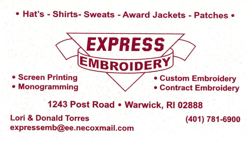 Express Embroidery
<strong>Lori & Donald Torres</strong><br />Express Embroidery<br />1243 Post Road, Warwick, RI, 02888<br />401-781-6900<br />[url=tel:+14017816900][img]https://izadex.net/themes/izadex/images/contact-phone.png?v=254g71&izphone=tel%3A%2B14017816900[/img][/url] [url=mailto:expressemb@ee.necoxmail.com][img]https://izadex.net/themes/izadex/images/contact-email.png?v=254g71&izemail=expressemb%40ee.necoxmail.com[/img][/url]
Keywords: Lori & Donald Torres Express Embroidery 401-781-6900 expressemb@ee.necoxmail.com 1243 Post Road Warwick RI 02888
