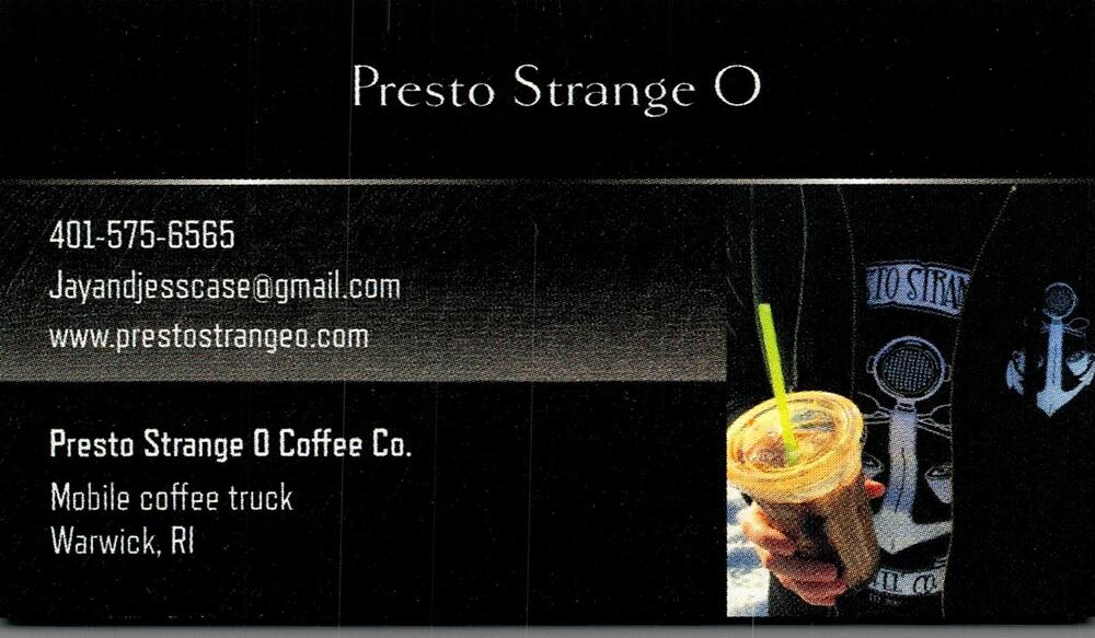 Presto Strange O Coffee Co.
Presto Strange O Coffee Co.<br />Warwick, RI<br />401-575-6565<br />[url=tel:+14015756565][img]https://izadex.net/themes/izadex/images/contact-phone.png?v=254g71&izphone=tel%3A%2B14015756565[/img][/url] [url=https://www.prestostrangeo.com][img]https://izadex.net/themes/izadex/images/contact-web.png?v=254g71[/img][/url] [url=mailto:Jayandjesscase@gmail.com][img]https://izadex.net/themes/izadex/images/contact-email.png?v=254g71&izemail=Jayandjesscase%40gmail.com[/img][/url]
Keywords: Presto Strange O Coffee Co. 401-575-6565 Jayandjesscase@gmail.com https://www.prestostrangeo.com Warwick RI