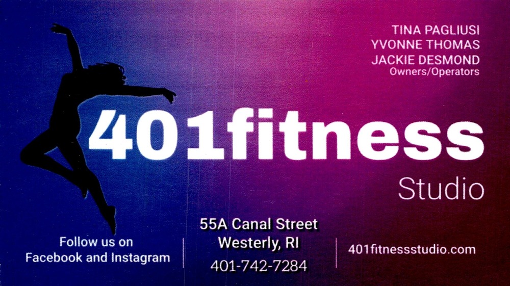 401fitness Studio
<strong>Tina Pagliusi / Yvonne Thomas / Jackie Desmond</strong> — Owners / Operators<br />401fitness Studio<br />55A Canal Street, Westerly, RI<br />401-742-7284<br />[url=tel:+14017427284][img]https://izadex.net/themes/izadex/images/contact-phone.png?v=254g71&izphone=tel%3A%2B14017427284[/img][/url] [url=https://401fitnessstudio.com][img]https://izadex.net/themes/izadex/images/contact-web.png?v=254g71[/img][/url]
Keywords: Tina Pagliusi / Yvonne Thomas / Jackie Desmond 401fitness Studio Owners / Operators 401-742-7284 https://401fitnessstudio.com 55A Canal Street Westerly RI fitness; studio