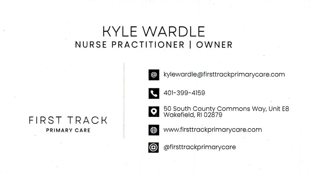 First Track Primary Care
<strong>Kyle Wardle</strong> — Nurse Practitioner / Owner<br />First Track Primary Care<br />50 South County Commons Way, Unit E8, Wakefield, RI, 02879<br />401-399-4159<br />[url=tel:+14013994159][img]https://izadex.net/themes/izadex/images/contact-phone.png?v=254g71&izphone=tel%3A%2B14013994159[/img][/url] [url=https://www.firsttrackprimarycare.com][img]https://izadex.net/themes/izadex/images/contact-web.png?v=254g71[/img][/url] [url=mailto:kylewardle@firsttrackprimarycare.com][img]https://izadex.net/themes/izadex/images/contact-email.png?v=254g71&izemail=kylewardle%40firsttrackprimarycare.com[/img][/url] [url=https://www.instagram.com/firsttrackprimarycare][img]https://izadex.net/themes/izadex/images/contact-instagram.png?v=254g71[/img][/url]
Keywords: Kyle Wardle First Track Primary Care Nurse Practitioner / Owner 401-399-4159 kylewardle@firsttrackprimarycare.com https://www.firsttrackprimarycare.com 50 South County Commons Way, Unit E8 Wakefield RI 02879