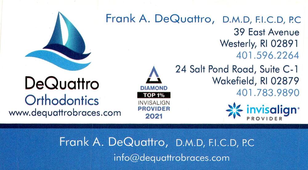 DeQuattro Orthodontics
<strong>Frank A. DeQuattro, D.M.D., F.I.C.D., P.C.</strong><br />DeQuattro Orthodontics<br />39 East Avenue, Westerly, RI, 02891<br />401-596-2264 / 401-783-9890<br />[url=tel:40159622644017839890][img]https://izadex.net/themes/izadex/images/contact-phone.png?v=254g71&izphone=tel%3A40159622644017839890[/img][/url] [url=https://www.dequattrobraces.com][img]https://izadex.net/themes/izadex/images/contact-web.png?v=254g71[/img][/url] [url=mailto:info@dequattrobraces.com][img]https://izadex.net/themes/izadex/images/contact-email.png?v=254g71&izemail=info%40dequattrobraces.com[/img][/url]
Keywords: Frank A. DeQuattro, D.M.D., F.I.C.D., P.C. DeQuattro Orthodontics 401-596-2264 / 401-783-9890 info@dequattrobraces.com https://www.dequattrobraces.com 39 East Avenue Westerly RI 02891