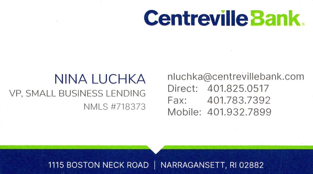 Centreville Bank
<strong>Nina Luchka</strong> — VP, Small Business Lending<br />Centreville Bank<br />1115 Boston Neck Road, Narragansett, RI, 02882<br />401-825-0517 / 401-932-7899<br />[url=tel:40182505174019327899][img]https://izadex.net/themes/izadex/images/contact-phone.png?v=254g71&izphone=tel%3A40182505174019327899[/img][/url] [url=mailto:nluchka@centrevillebank.com][img]https://izadex.net/themes/izadex/images/contact-email.png?v=254g71&izemail=nluchka%40centrevillebank.com[/img][/url]
Keywords: Nina Luchka Centreville Bank VP, Small Business Lending 401-825-0517 / 401-932-7899 nluchka@centrevillebank.com 1115 Boston Neck Road Narragansett RI 02882