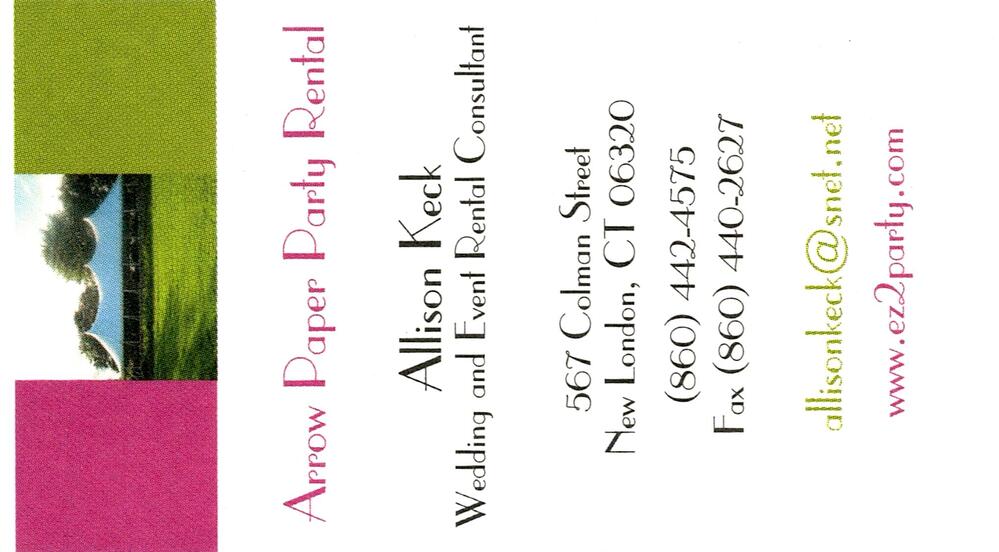 Arrow Paper Party Rental
<strong>Allison Keck</strong> — Wedding and Event Rental Consultant<br />Arrow Paper Party Rental<br />567 Colman Street, New London, CT, 06320<br />860-442-4575<br />[url=tel:+18604424575][img]https://izadex.net/themes/izadex/images/contact-phone.png?v=254g71&izphone=tel%3A%2B18604424575[/img][/url] [url=https://www.ez2party.com][img]https://izadex.net/themes/izadex/images/contact-web.png?v=254g71[/img][/url] [url=mailto:allisonkeck@snet.net][img]https://izadex.net/themes/izadex/images/contact-email.png?v=254g71&izemail=allisonkeck%40snet.net[/img][/url]
Keywords: Allison Keck Arrow Paper Party Rental Wedding and Event Rental Consultant 860-442-4575 allisonkeck@snet.net https://www.ez2party.com 567 Colman Street New London CT 06320 party rentals; wedding rentals; event rentals; tents; event equipment; party equipme