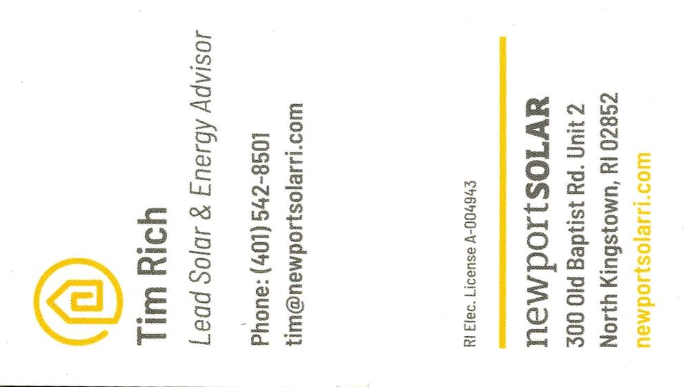 Newport Solar
<strong>Tim Rich</strong> — Lead Solar & Energy Advisor<br />Newport Solar<br />300 Old Baptist Rd. Unit 2, North Kingstown, RI, 02852<br />401-542-8501<br />[url=tel:+14015428501][img]https://izadex.net/themes/izadex/images/contact-phone.png?v=254g71&izphone=tel%3A%2B14015428501[/img][/url] [url=https://newportsolarri.com][img]https://izadex.net/themes/izadex/images/contact-web.png?v=254g71[/img][/url] [url=mailto:tim@newportsolarri.com][img]https://izadex.net/themes/izadex/images/contact-email.png?v=254g71&izemail=tim%40newportsolarri.com[/img][/url]
Keywords: Tim Rich Newport Solar Lead Solar & Energy Advisor 401-542-8501 tim@newportsolarri.com https://newportsolarri.com 300 Old Baptist Rd. Unit 2 North Kingstown RI 02852