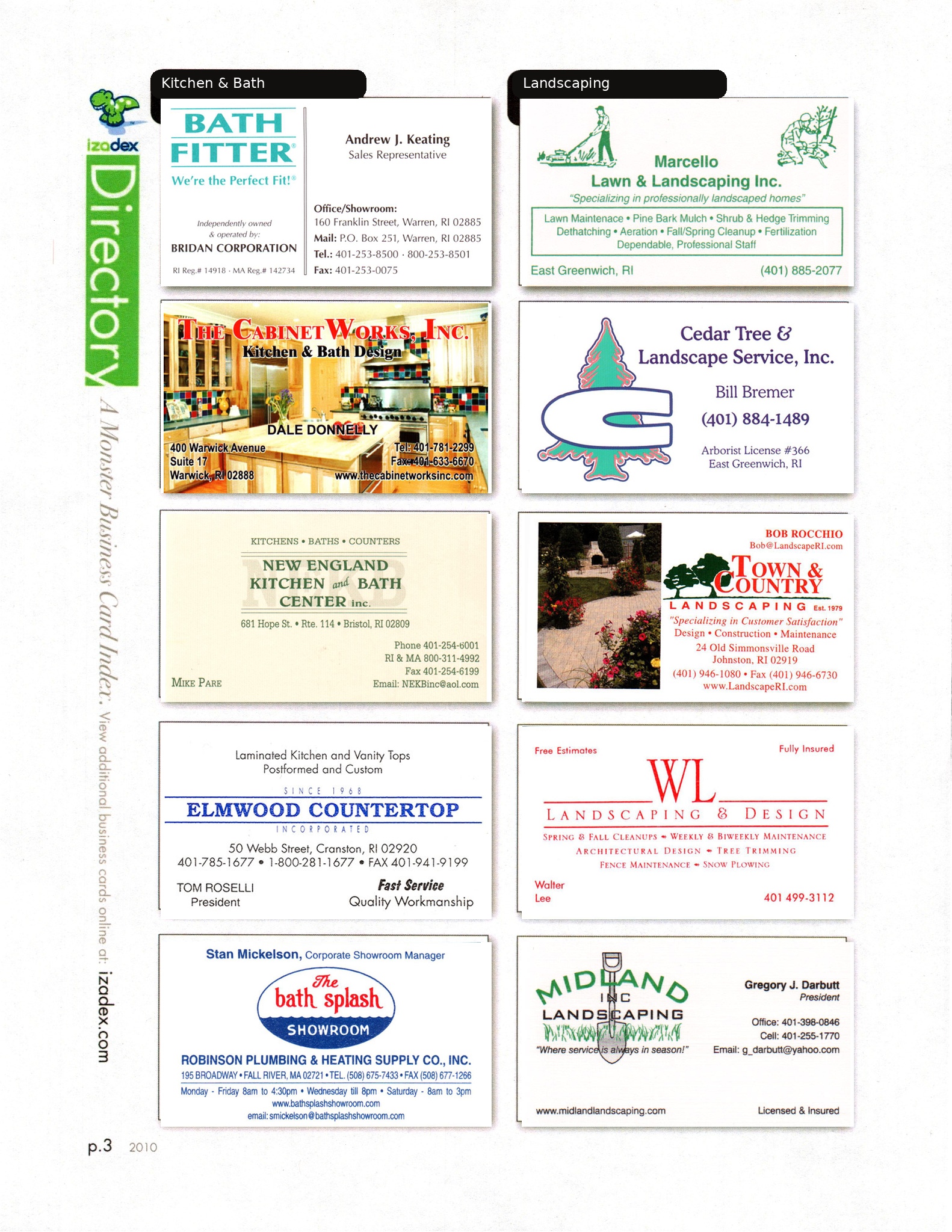 Sample Izadex interior directory page with two columns of five business cards